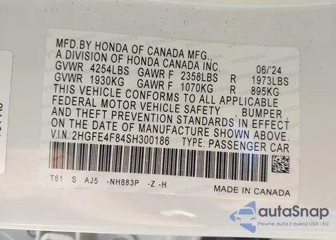 2025 Honda Civic Hybrid Sport/Sport Touring z USA, uszkodzony, nr VIN 2HGFE4F84SH300186